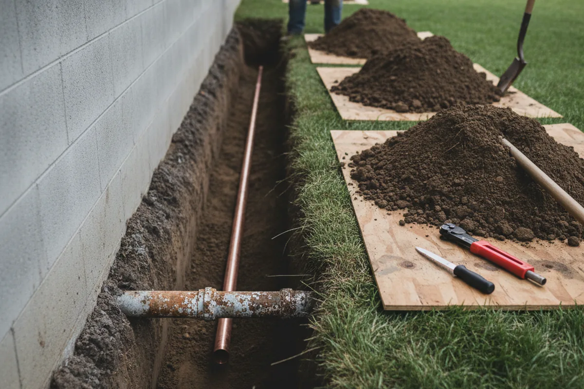 Excavated water line trench during Sewer Line Repair in Dresher